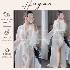 HT220 Áo choàng ngủ lụa sexy tay ren lông vũ sang chảnh, áo choàng trang điểm cô dâu sexy quyến rũ HT220
