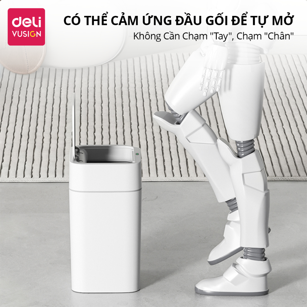 Thùng rác có nắp thông minh cảm biến tự đóng mở 13L/18L Deli chống thấm nước khử mùi thích hợp phòng khách, phòng bếp
