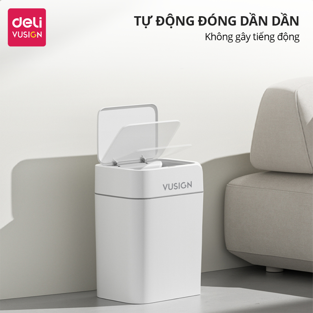 Thùng rác có nắp thông minh cảm biến tự đóng mở 13L/18L Deli chống thấm nước khử mùi thích hợp phòng khách, phòng bếp