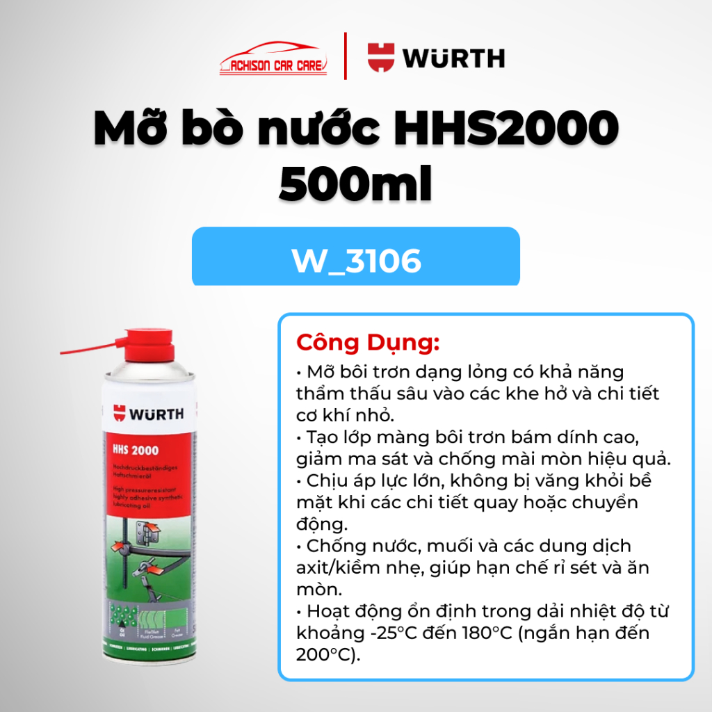 WURTH MỠ BÔI TRƠN WURTH HHS2000 500ML 3106 THẨM THẤU SÂU CHỐNG MÀI MÒN CHỐNG KẸT