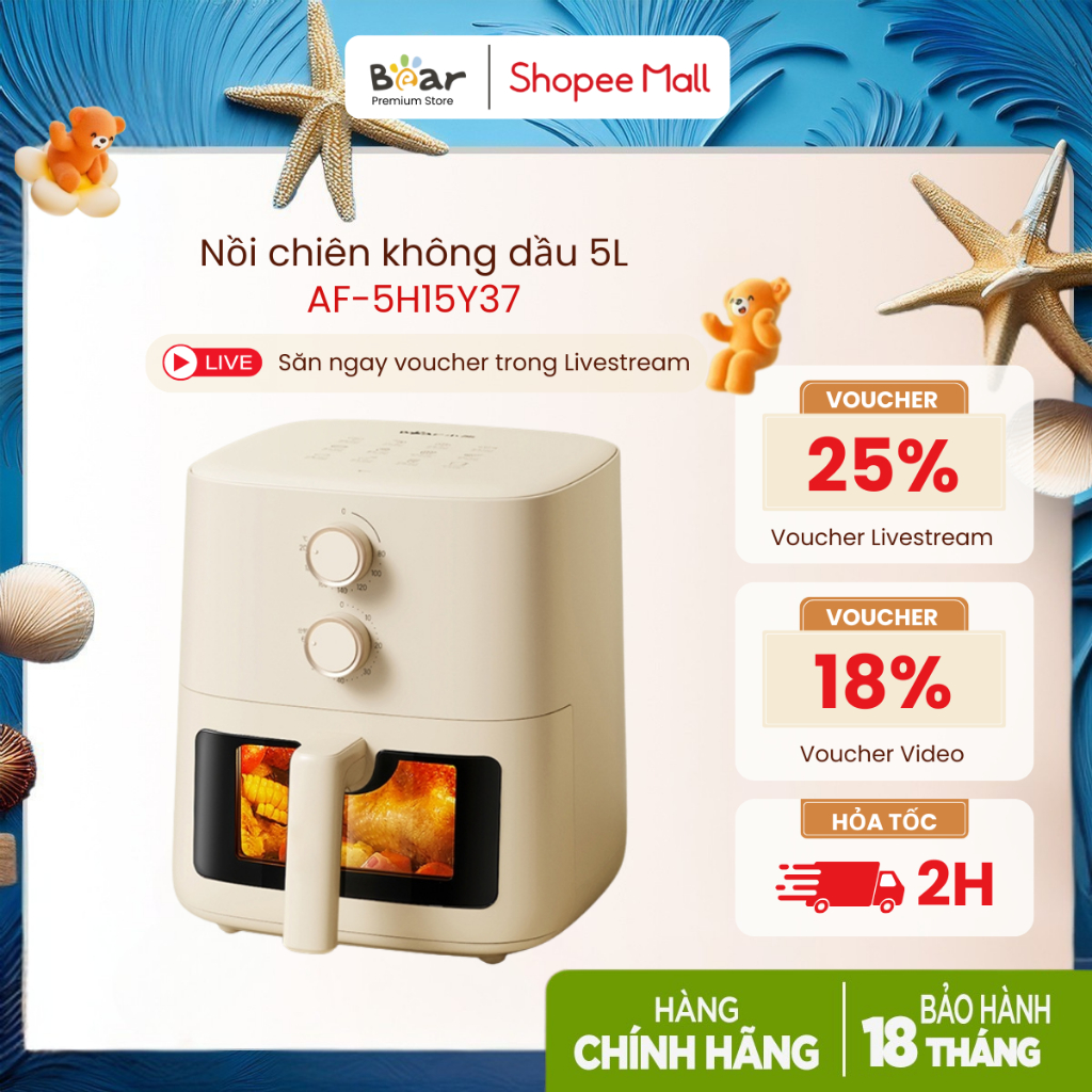 Nồi Chiên Không Dầu 5L Bear QZG-J15M1 (AF-4H15K)/ QZG-H15U8 (AF-5H15Y37) | 1500W - Cửa Kính Trong Suốt - Không Cần Lật