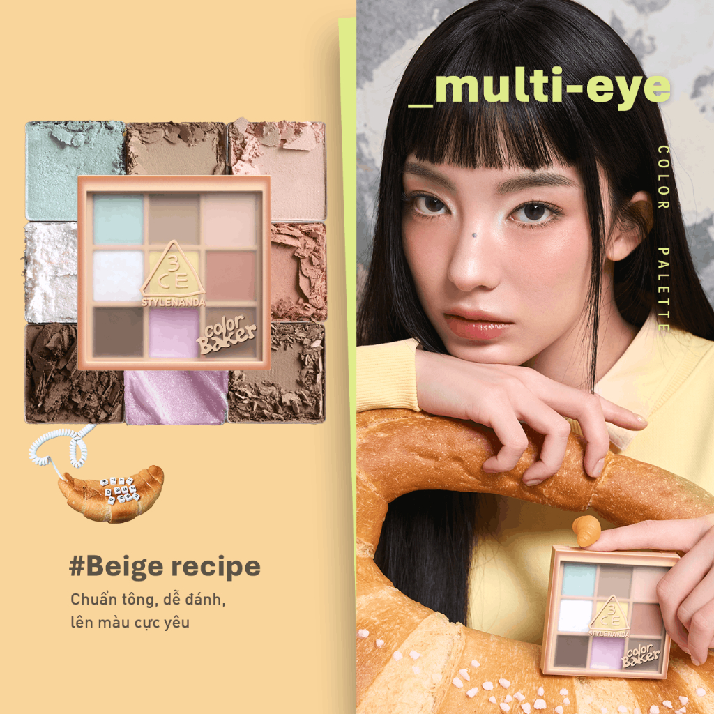3CE BST COLOR BAKER - SON GLAZY LIP GLOW, SON VELVET PLUSH, MÁ HỒNG FACE BLUSH, BẢNG MẮT MULTI EYE 9 COLORS PALETTE