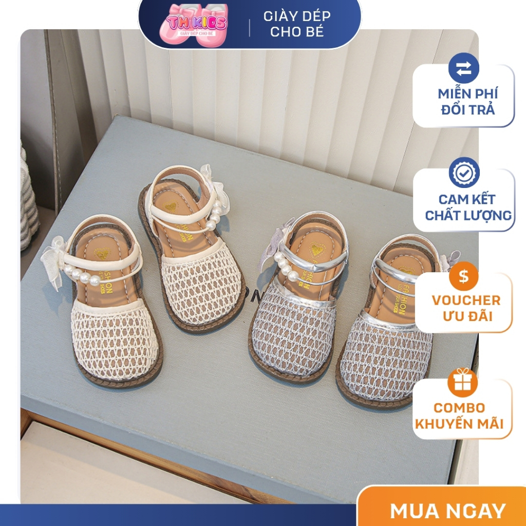 [M187](Form nhỏ)Giày Bé Gái Mũi Rọ Phối Lưới Đính Ngọc Sang Trọng, Sandals Tiểu Thư Quai Dán Đi Chơi, Dự Tiệc Cực Xinh