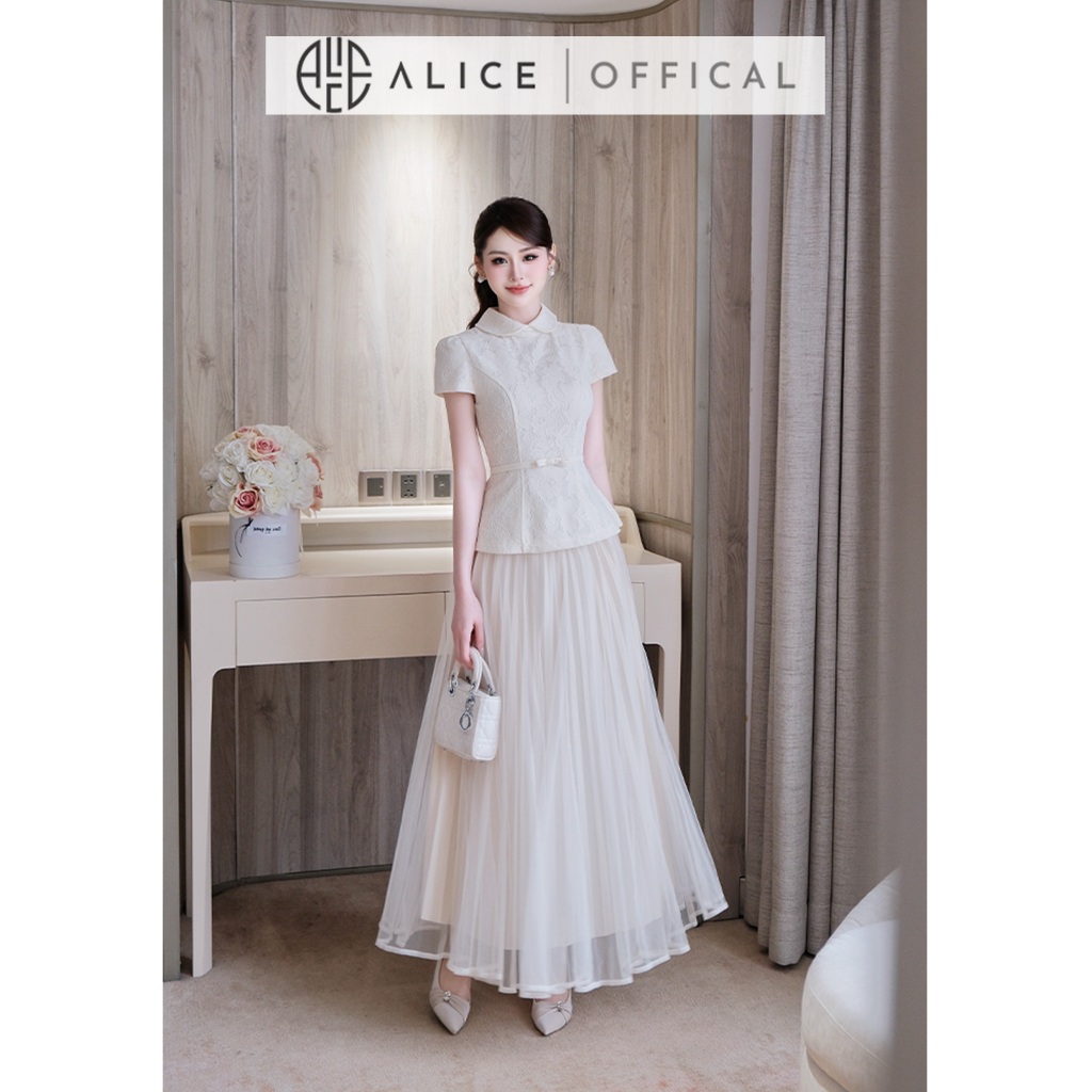 Set Váy Tiểu Thư Alice Áo Ren Dáng Peplum Cổ Sen Đai Eo Nơ Phối Chân Váy Lưới Xòe Maxi Cao Cấp S1082