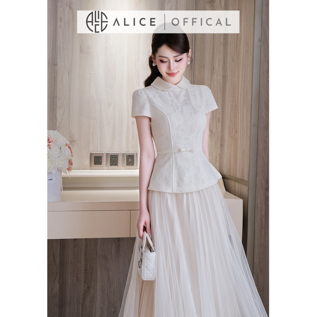 Set Váy Tiểu Thư Alice Áo Ren Dáng Peplum Cổ Sen Đai Eo Nơ Phối Chân Váy Lưới Xòe Maxi Cao Cấp S1082