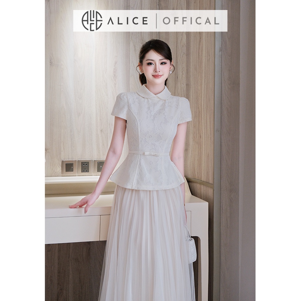 Set Váy Tiểu Thư Alice Áo Ren Dáng Peplum Cổ Sen Đai Eo Nơ Phối Chân Váy Lưới Xòe Maxi Cao Cấp S1082