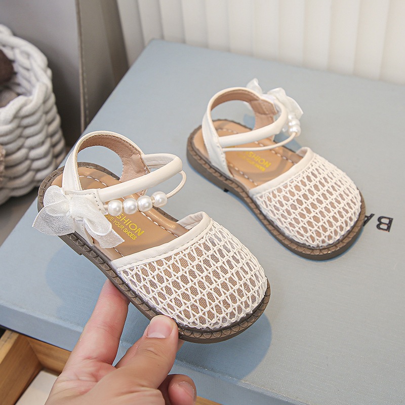 [M187](Form nhỏ)Giày Bé Gái Mũi Rọ Phối Lưới Đính Ngọc Sang Trọng, Sandals Tiểu Thư Quai Dán Đi Chơi, Dự Tiệc Cực Xinh