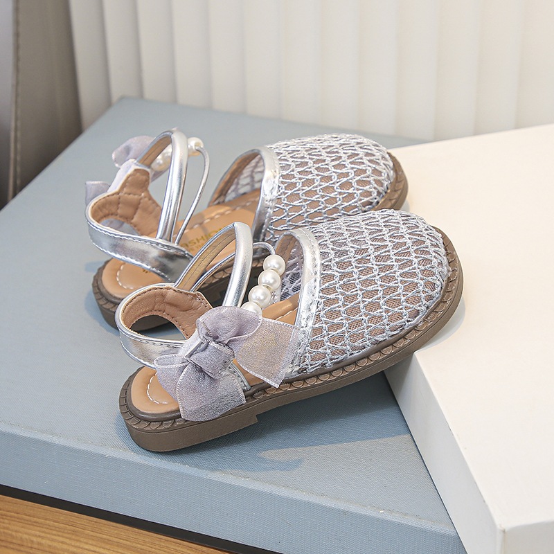 [M187](Form nhỏ)Giày Bé Gái Mũi Rọ Phối Lưới Đính Ngọc Sang Trọng, Sandals Tiểu Thư Quai Dán Đi Chơi, Dự Tiệc Cực Xinh