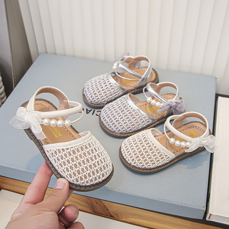 [M187](Form nhỏ)Giày Bé Gái Mũi Rọ Phối Lưới Đính Ngọc Sang Trọng, Sandals Tiểu Thư Quai Dán Đi Chơi, Dự Tiệc Cực Xinh