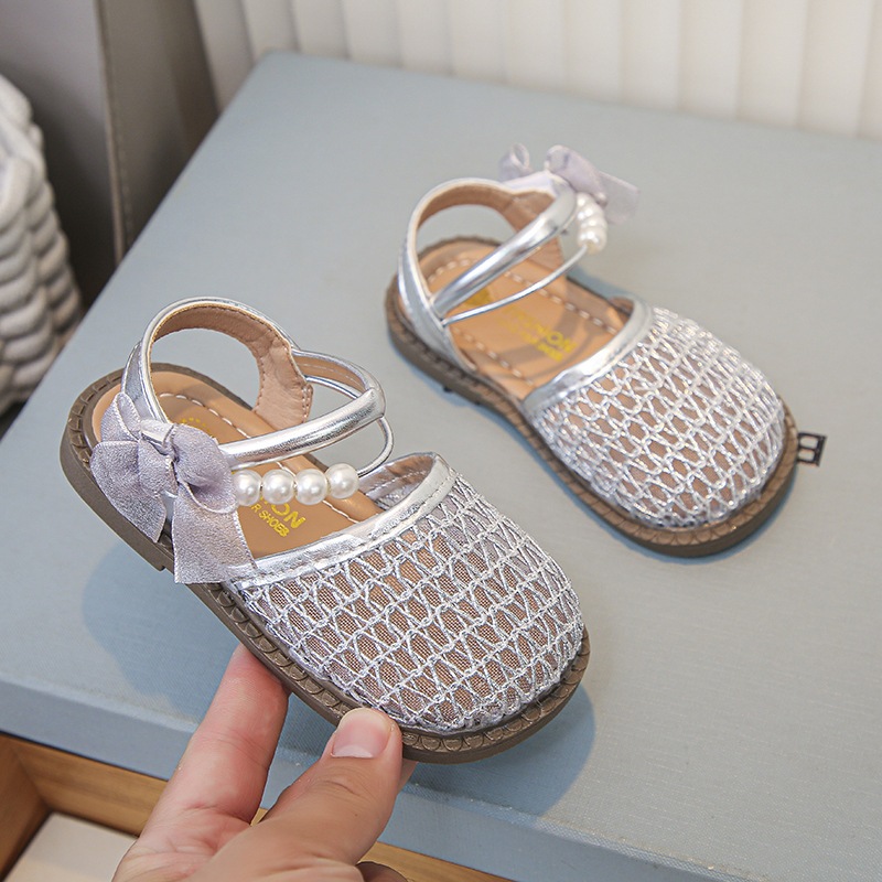 [M187](Form nhỏ)Giày Bé Gái Mũi Rọ Phối Lưới Đính Ngọc Sang Trọng, Sandals Tiểu Thư Quai Dán Đi Chơi, Dự Tiệc Cực Xinh