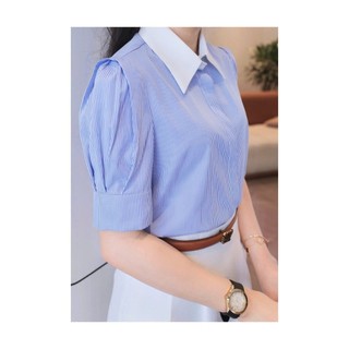 Áo sơ mi nữ ngắn tay cổ nhọn, áo sơ mi kẻ xanh công sở, mã SM03