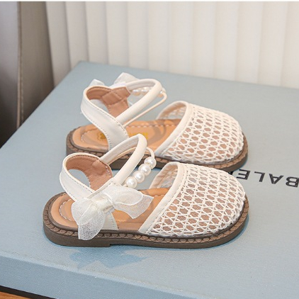 [M187](Form nhỏ)Giày Bé Gái Mũi Rọ Phối Lưới Đính Ngọc Sang Trọng, Sandals Tiểu Thư Quai Dán Đi Chơi, Dự Tiệc Cực Xinh