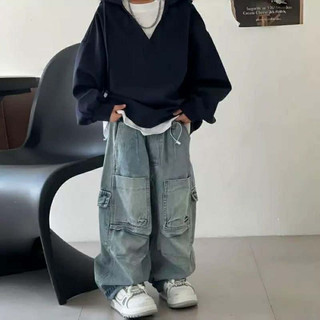 Quần Jean Ống Rộng Bé Trai Size Đại Form Suông Phong Cách Hàn Quốc Co Giãn Mềm Mại