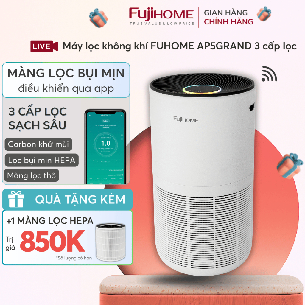 Máy lọc không khí thông minh HEPA H13 Nhập Khẩu FUJIHOME AP5GRAND, máy lọc bụi mịn diệt khuẩn