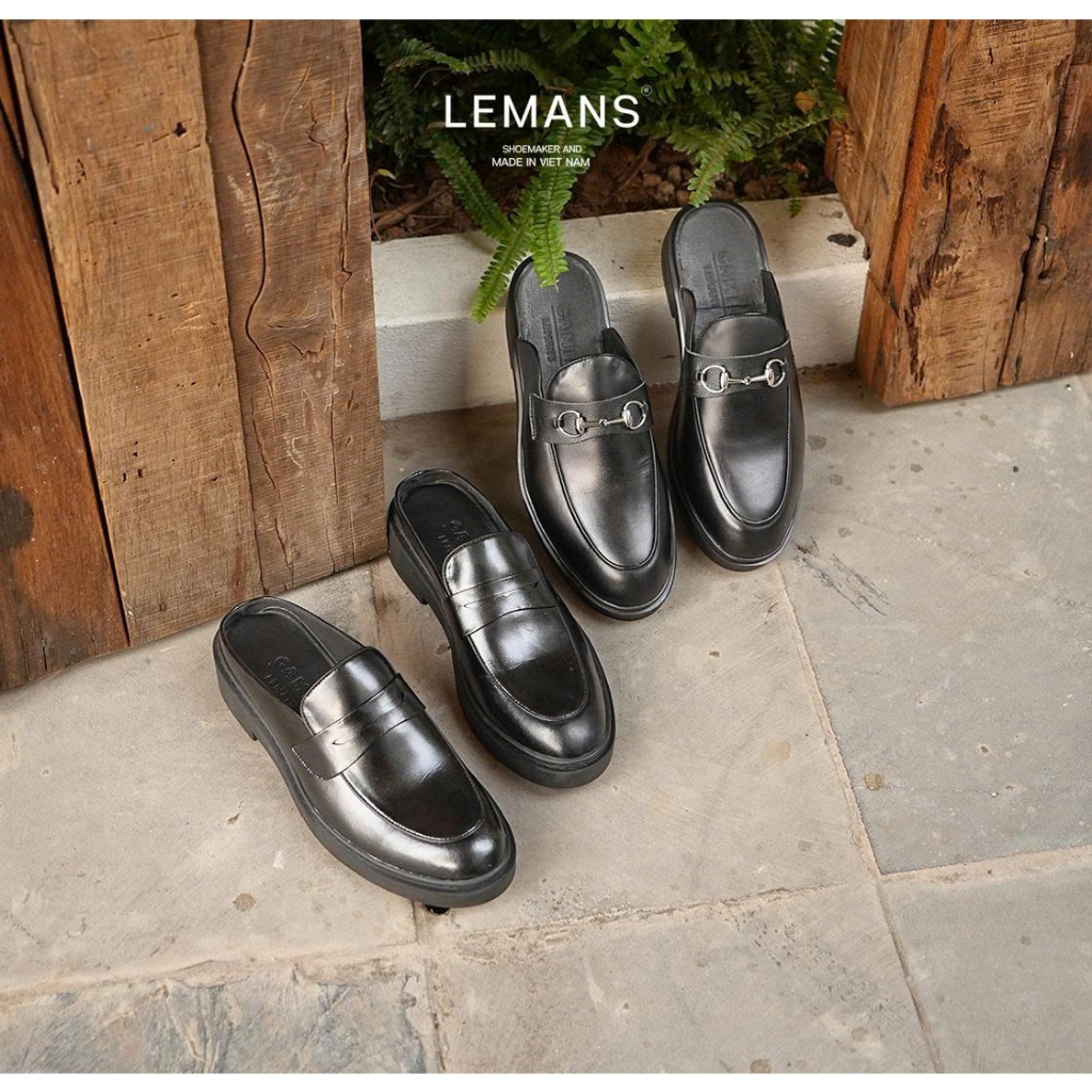 Giày Sục da bò nam LEMANS màu đen SM01.1, Đế thơm tăng cao 4cm, Da bò,  Bảo hành 24 tháng