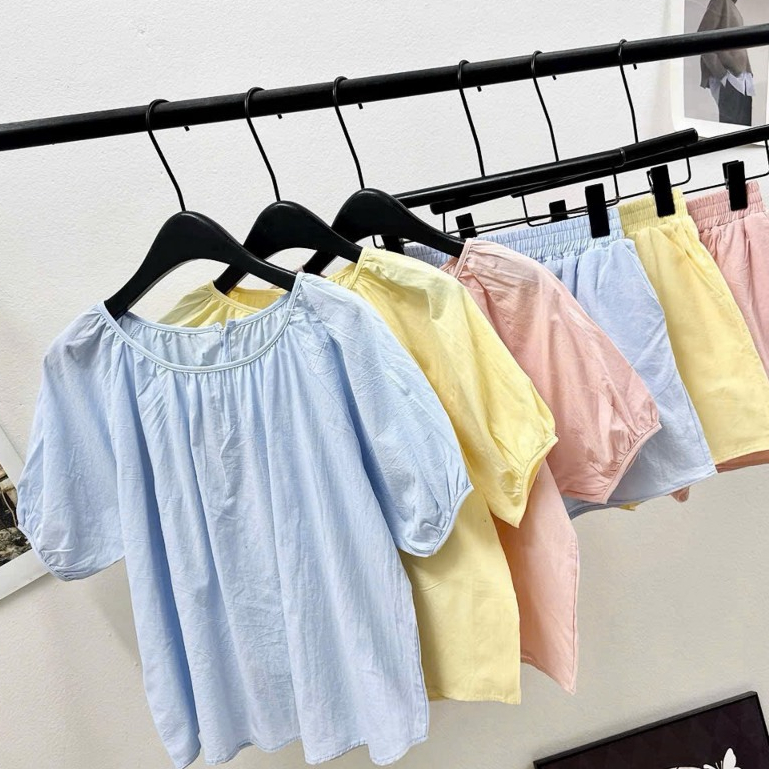 Set áo tay lỡ cúc sau lưng kèm quần sooc cạp chun hai lớp, set bộ xinh LALA  S40