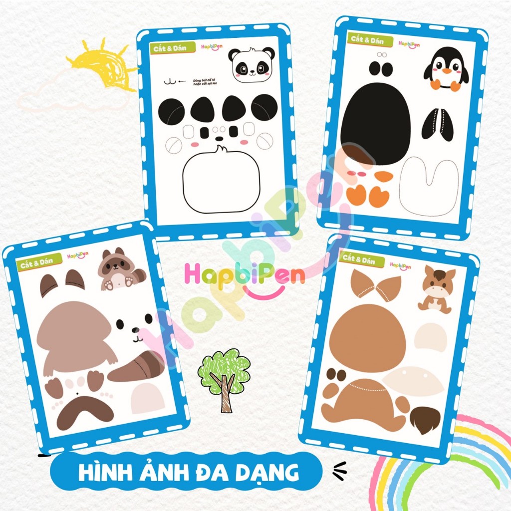 Tranh cắt dán cho bé Bộ 20 trang với chủ đề động vật học liệu giúp trẻ rèn luyện kỹ năng HL002