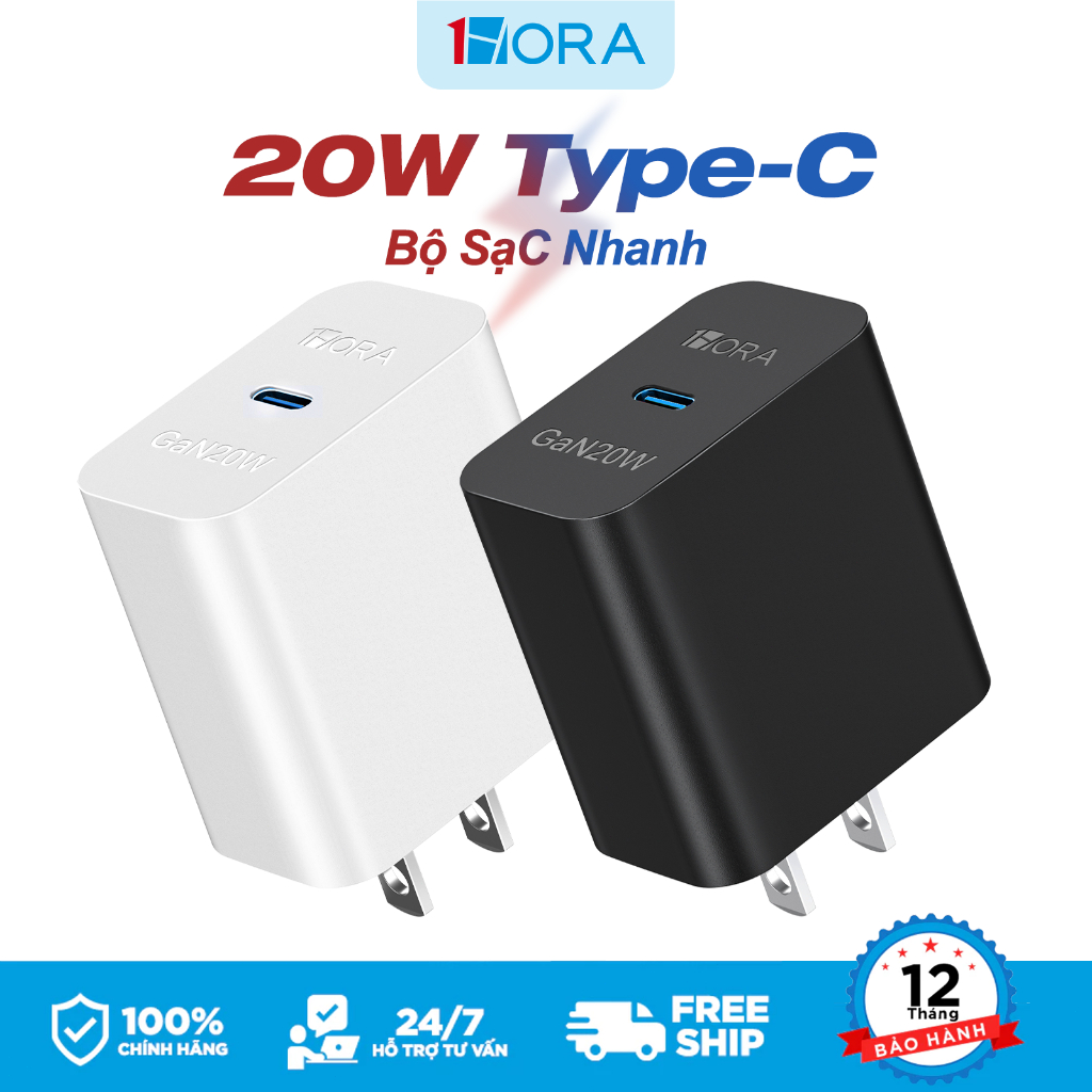 Củ Sạc Nhanh 20W 1HORA - Đầu Sạc Type C Nhanh, Phù Hợp Phone, Android, Samsung, Xiaomi Kèm Cáp Sạc Nhanh Chính Hãng