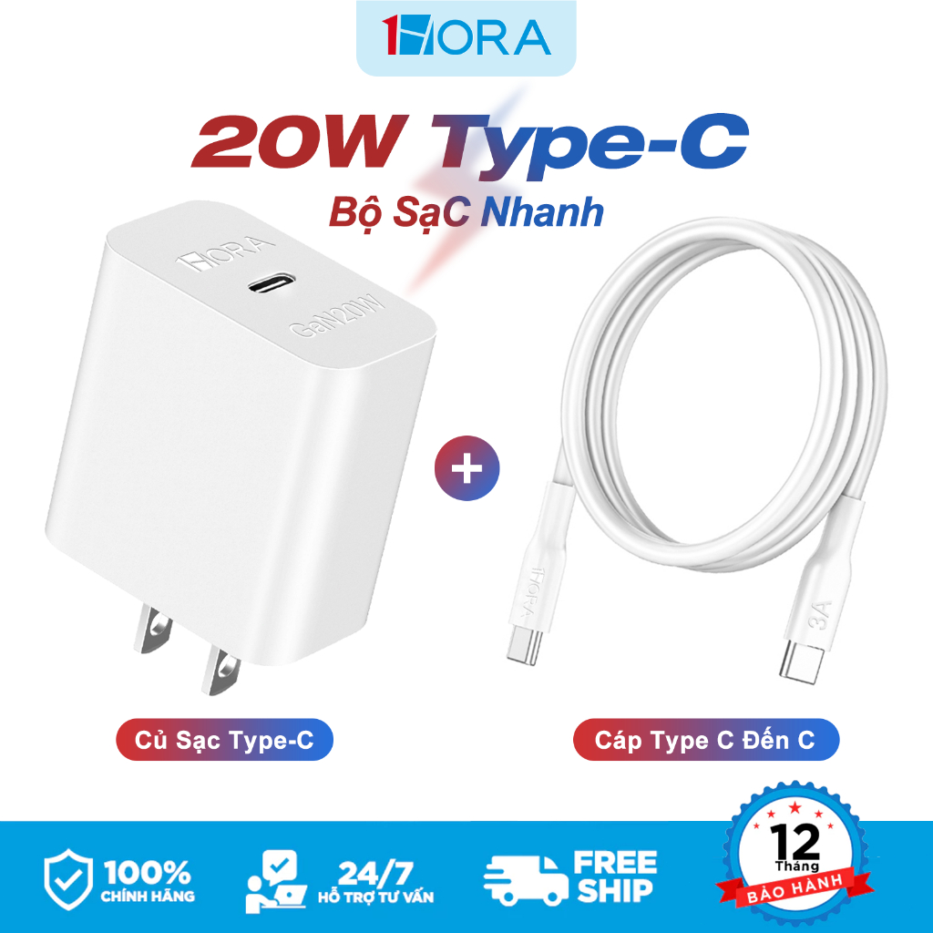 Bộ Sạc type c PD 20W 1HORA bộ sạc nhanh cho Samsung, Android, Xiaomi chân cáp Type C kèm dây sạc 1M