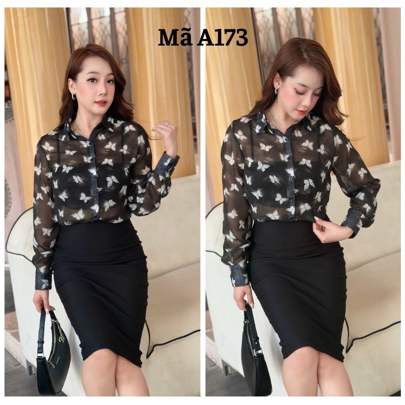 Áo Sơ Mi Nữ Chất Vải Voan Tơ Mỏng , Hoạ Tiết Hồ Điệp, Công Sở T&H  Mềm Mát -  A173