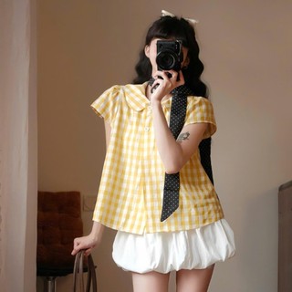 Set Áo Babydoll Kẻ Caro Tay Phồng Mix Chân Váy Bí Dễ Thương Nữ Tính 247Store