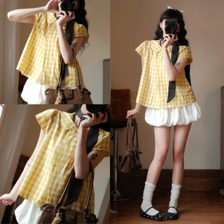 Set Áo Babydoll Kẻ Caro Tay Phồng Mix Chân Váy Bí Dễ Thương Nữ Tính 247Store