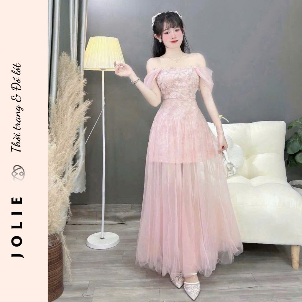 Váy ren phối lưới trễ vai công chúa bồng bềnh siêu xinh