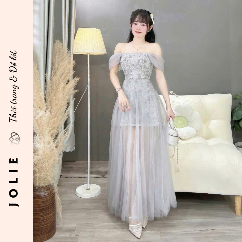 Váy ren phối lưới trễ vai công chúa bồng bềnh siêu xinh