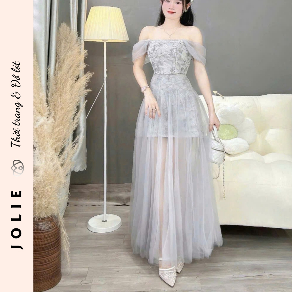 Váy ren phối lưới trễ vai công chúa bồng bềnh siêu xinh