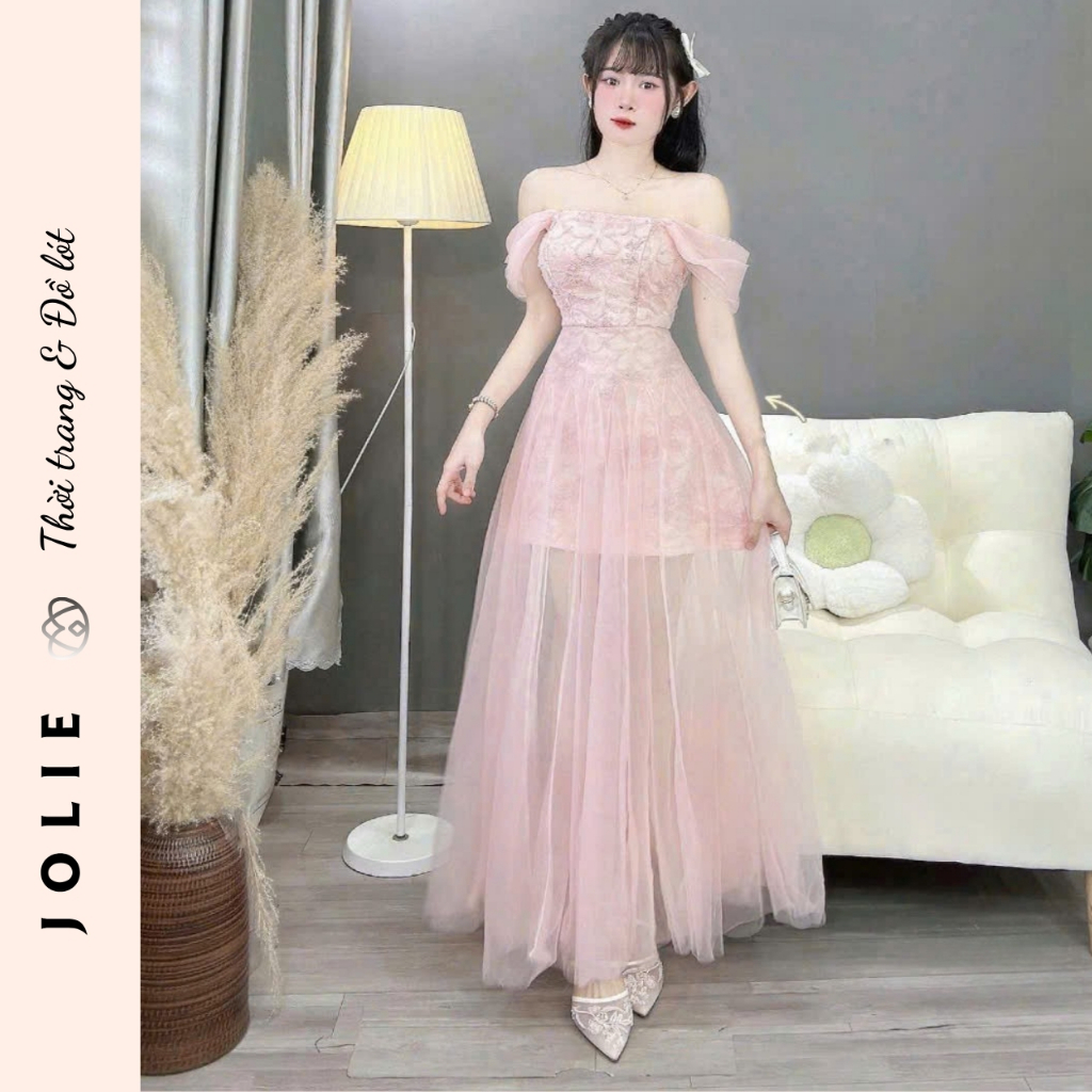 Váy ren phối lưới trễ vai công chúa bồng bềnh siêu xinh