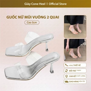 Guốc Nữ 5cm Mũi Vuông 2 Quai Trong Suốt Cone Heel – Dép Cao Gót Thấp Thanh Lịch, Dễ Phối Đồ