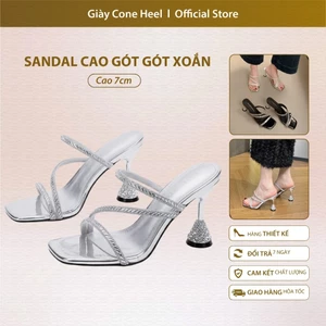 Sandal Cao Gót 7cm Gót Xoắn Đính Đá Cone Heel – Dép Nữ Quai Mảnh Lấp Lánh, Sang Trọng Dự Tiệc