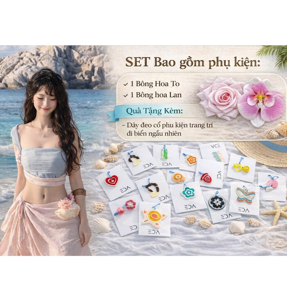 EDA - SET Bikini Đi Biển Áo Croptop Cao Cấp Phối Chân Váy Dài Cao Cấp Đính Hoa Phụ Kiện Xanh Hồng EDA Boutique