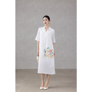 SWANLAKE | Váy Đầm Nữ Midi Sơ Mi Cài Nút Công Sở Thêu Hoa Vải Linen Thấm Hút Tay Ngắn Có Túi D11297