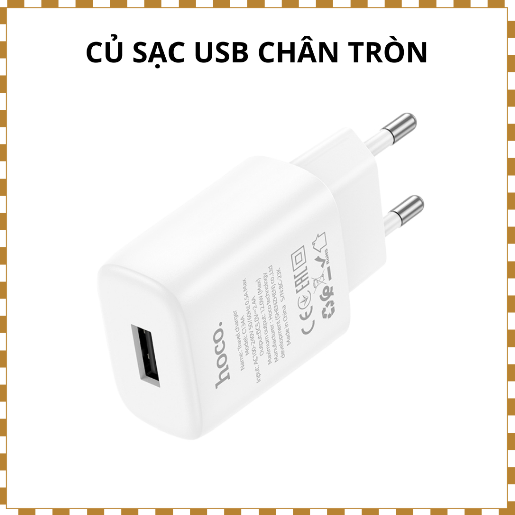 Củ Sạc HOCO C134A 12W 2.4A Cổng USB Chân Tròn EU – Sạc Nhỏ Gọn Dùng Cho Điện Thoại Android, iPad