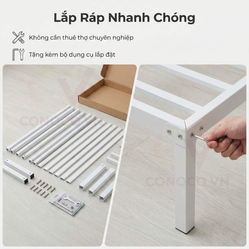 CONOCO Giường sắt gầm cao 30cm đựng đồ lắp ráp nhanh giao HCM 2 ngày cho phòng nhỏ