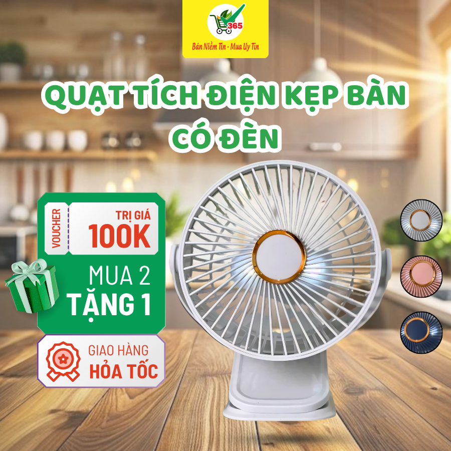 Quạt Tích Điện Kẹp Bàn Pin Trâu Xoay 360, Có Đèn, Kèm Dây Sạc, Quạt Mini Đa Năng - 365MART special