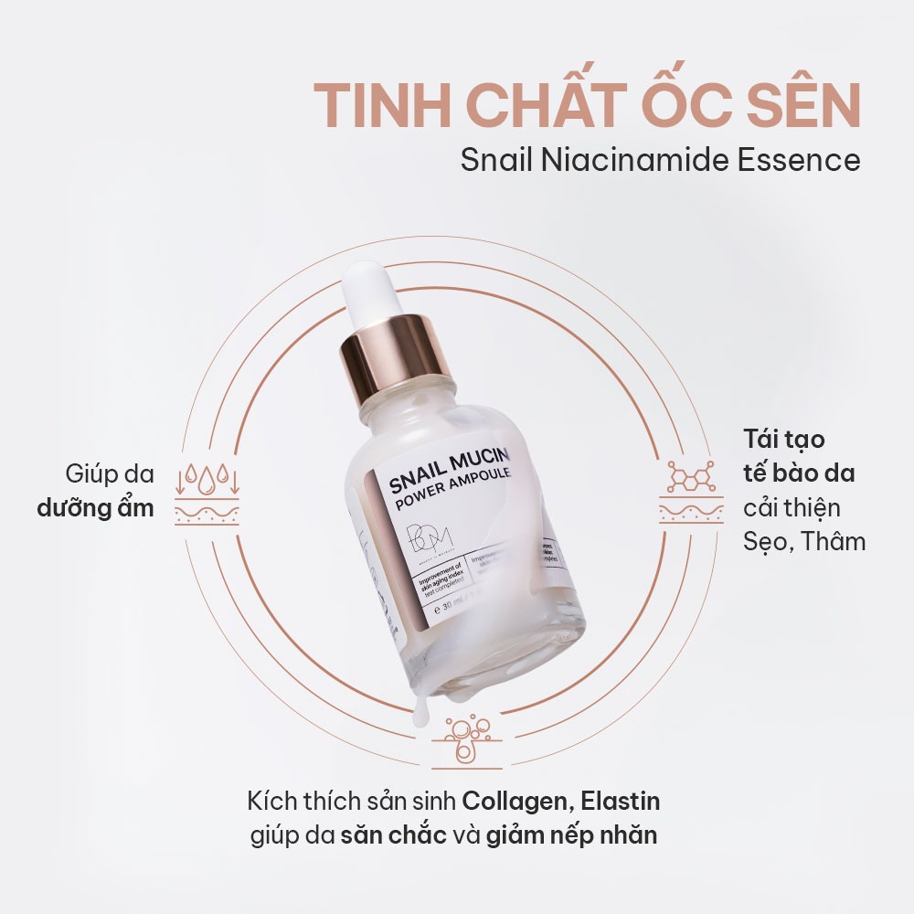 Tinh chất hỗ trợ dưỡng sáng, làm mờ nếp nhăn B.O.M Snail Mucin Power Ampoule - 30ml