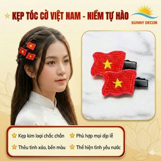 Kẹp tóc cờ đỏ sao vàng bằng vải thêu sắc nét mừng đại lễ