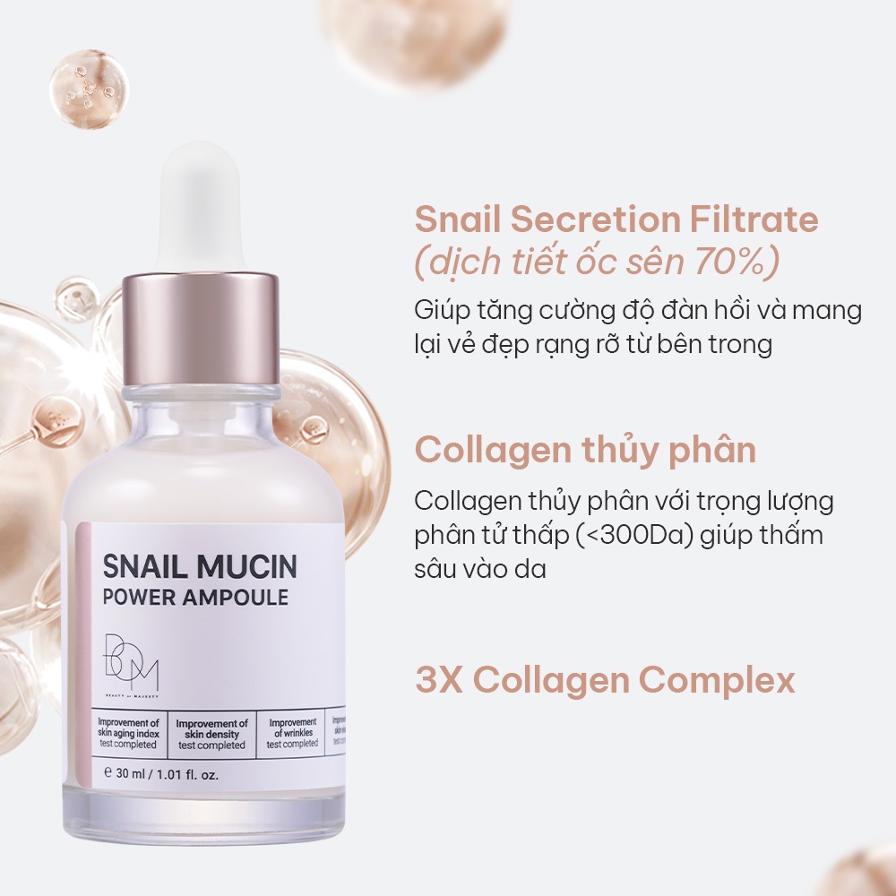 Tinh chất hỗ trợ dưỡng sáng, làm mờ nếp nhăn B.O.M Snail Mucin Power Ampoule - 30ml