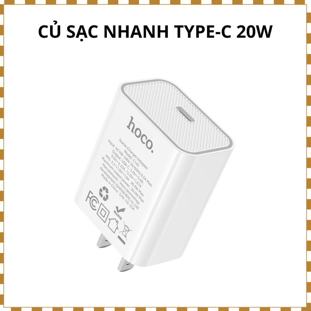 Củ Sạc Nhanh HOCO C143 20W – Hỗ Trợ PD & QC 3.0, Sạc Nhanh Cho iPhone, Android, iPad