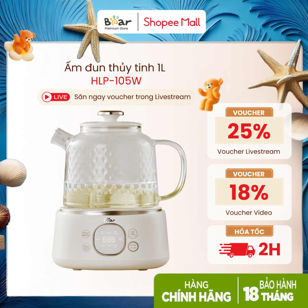 Ấm Đun Thủy Tinh 1L BEAR | 800W - Đa Năng Nấu Trà Dưỡng Sinh An Toàn Tiện Lợi, Hàng Chính Hãng
