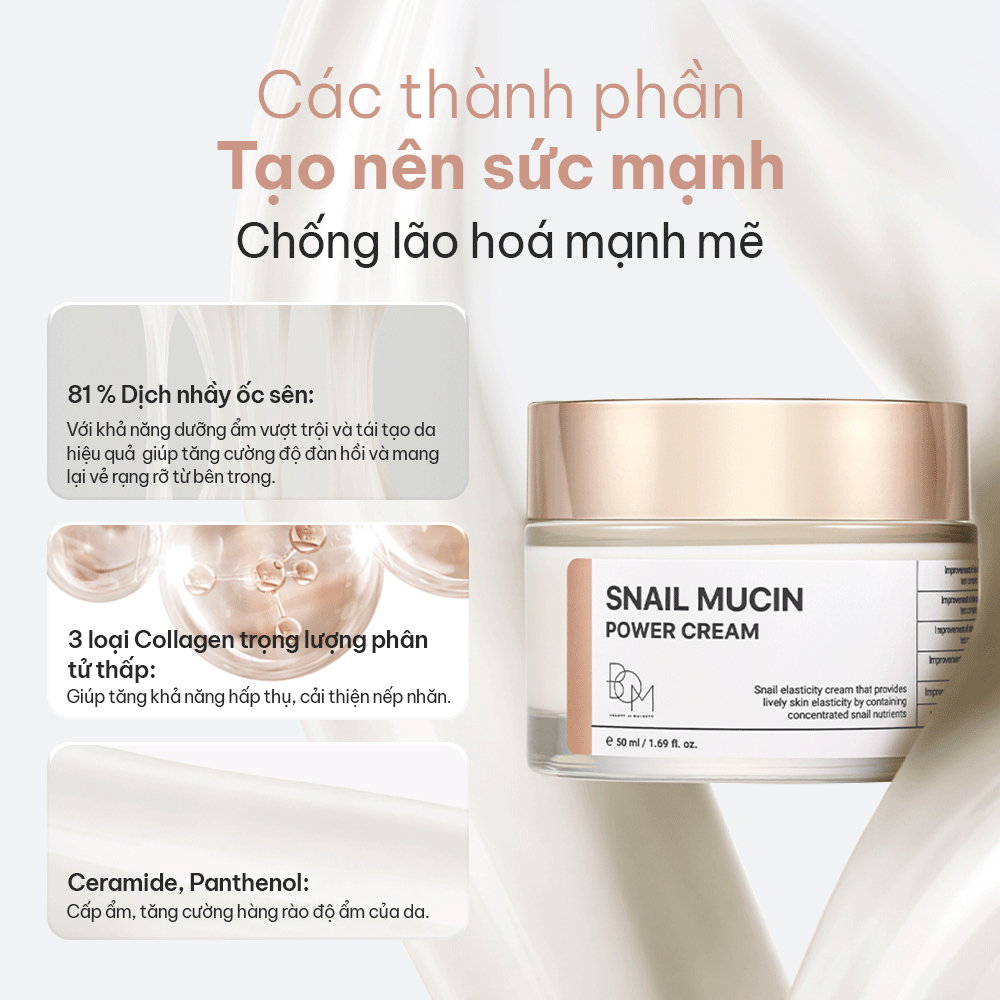 Kem dưỡng ẩm, hỗ trợ làm mờ nếp nhăn B.O.M Snail Mucin Power Cream - 50ml