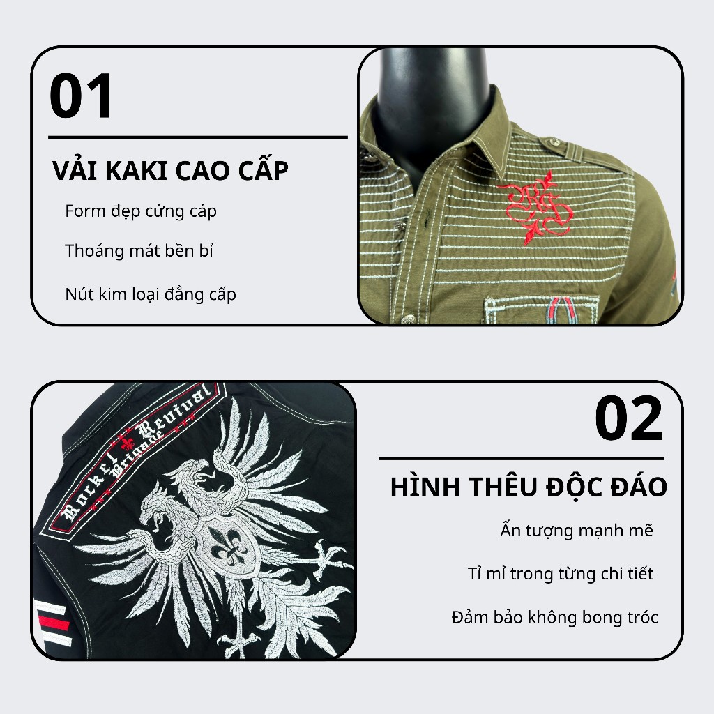 Sơ Mi Classic Nam Tay Ngắn Cao Cấp Thêu Họa Tiết Đại Bàng Chỉ Đỏ - Vải Kaki Tôn Dáng, Cúc Kim Loại Đẳng Cấp 025