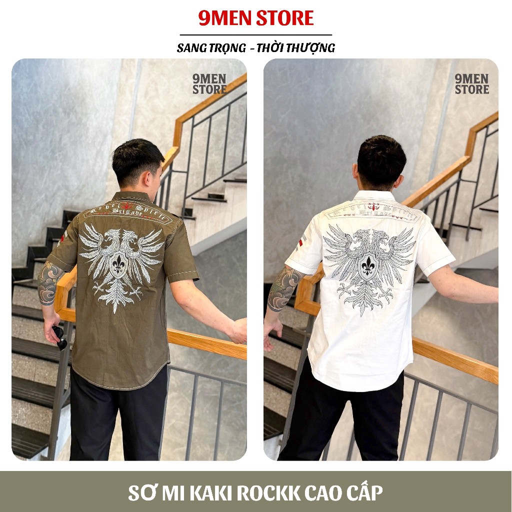 Sơ Mi Classic Nam Tay Ngắn Cao Cấp Thêu Họa Tiết Đại Bàng Chỉ Đỏ - Vải Kaki Tôn Dáng, Cúc Kim Loại Đẳng Cấp 025