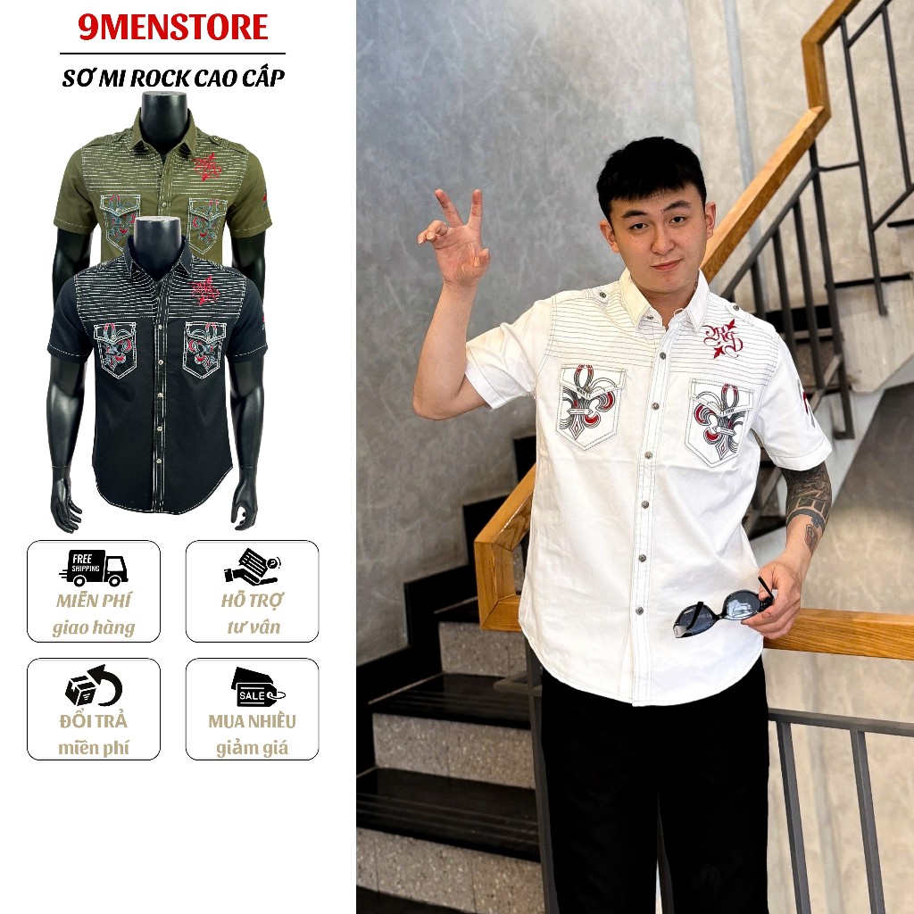 Sơ Mi Classic Nam Tay Ngắn Cao Cấp Thêu Họa Tiết Đại Bàng Chỉ Đỏ - Vải Kaki Tôn Dáng, Cúc Kim Loại Đẳng Cấp 025