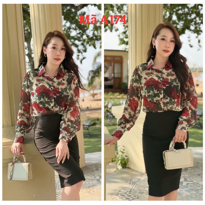 Áo Sơ Mi Chất Vải Voan Tơ Mỏng , Hoạ Tiếp Hoa Đỏ, Công Sở T&H  Mềm Mát -  A174