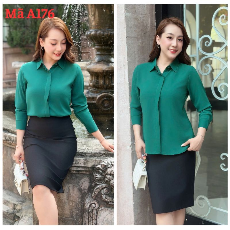 Áo Sơ Mi Nữ Chất Vải Mango , Xanh Lá Đậm Trơn, Công Sở T&H  Mềm Mát -  A176
