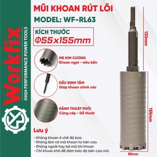 Mũi Rút Lõi Máy Khoan Workfix WF-RL63/RL55, Mũi khoan phi 63/55, Khoan Rút Lõi Tường, Bê Tông