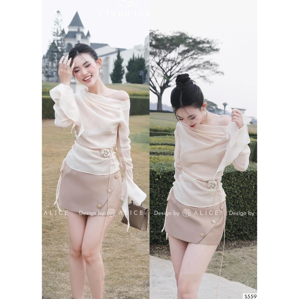 Set Váy Nữ Cao Cấp Alice Áo Lệch Vai Tay Loe Cổ Xếp Li Kèm Chân Váy Dáng Ôm Tôn Dáng Cho Nàng S559